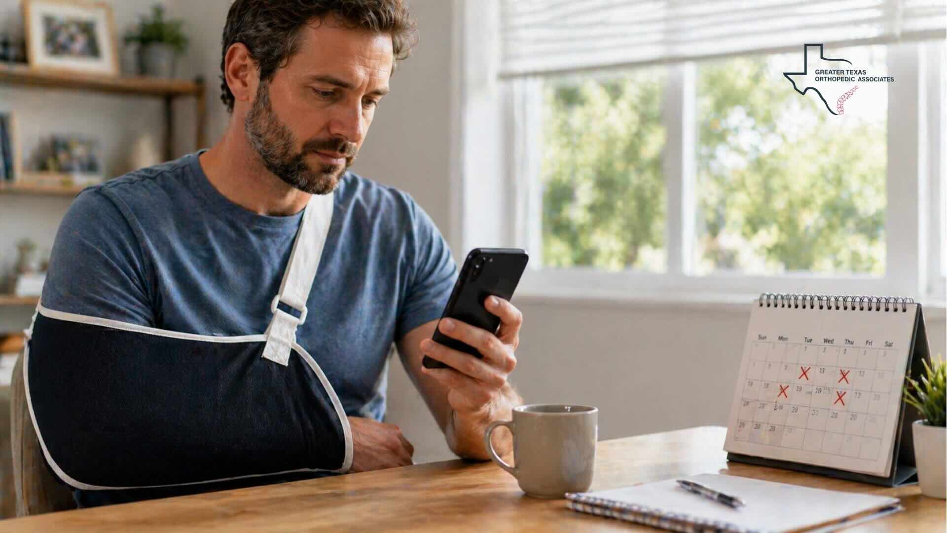 Injured patient with arm sling checking phone next to calendar showing missed appointments illustrating treatment gaps in personal injury cases