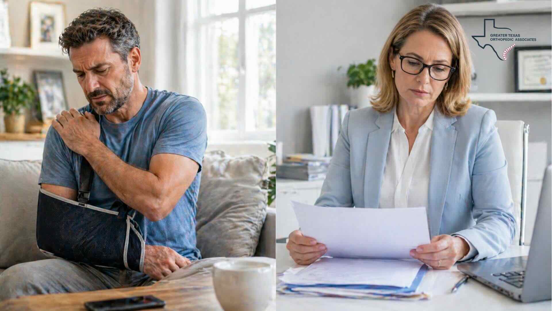Injured patient with arm sling and insurance adjuster reviewing documents showing impact of treatment gaps in personal injury cases