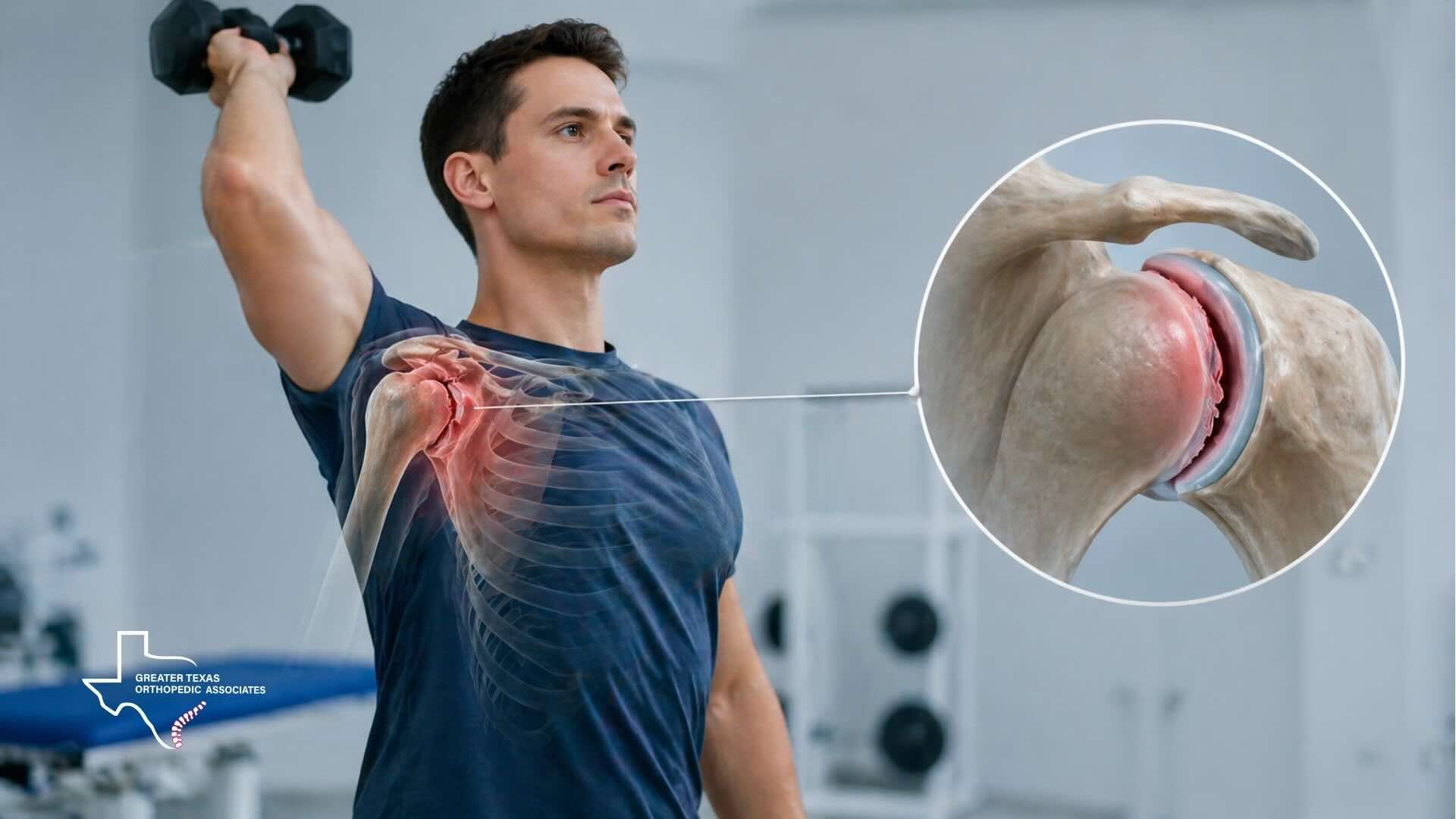 Man experiencing shoulder labral tear pain during overhead exercise with anatomical illustration of joint damage