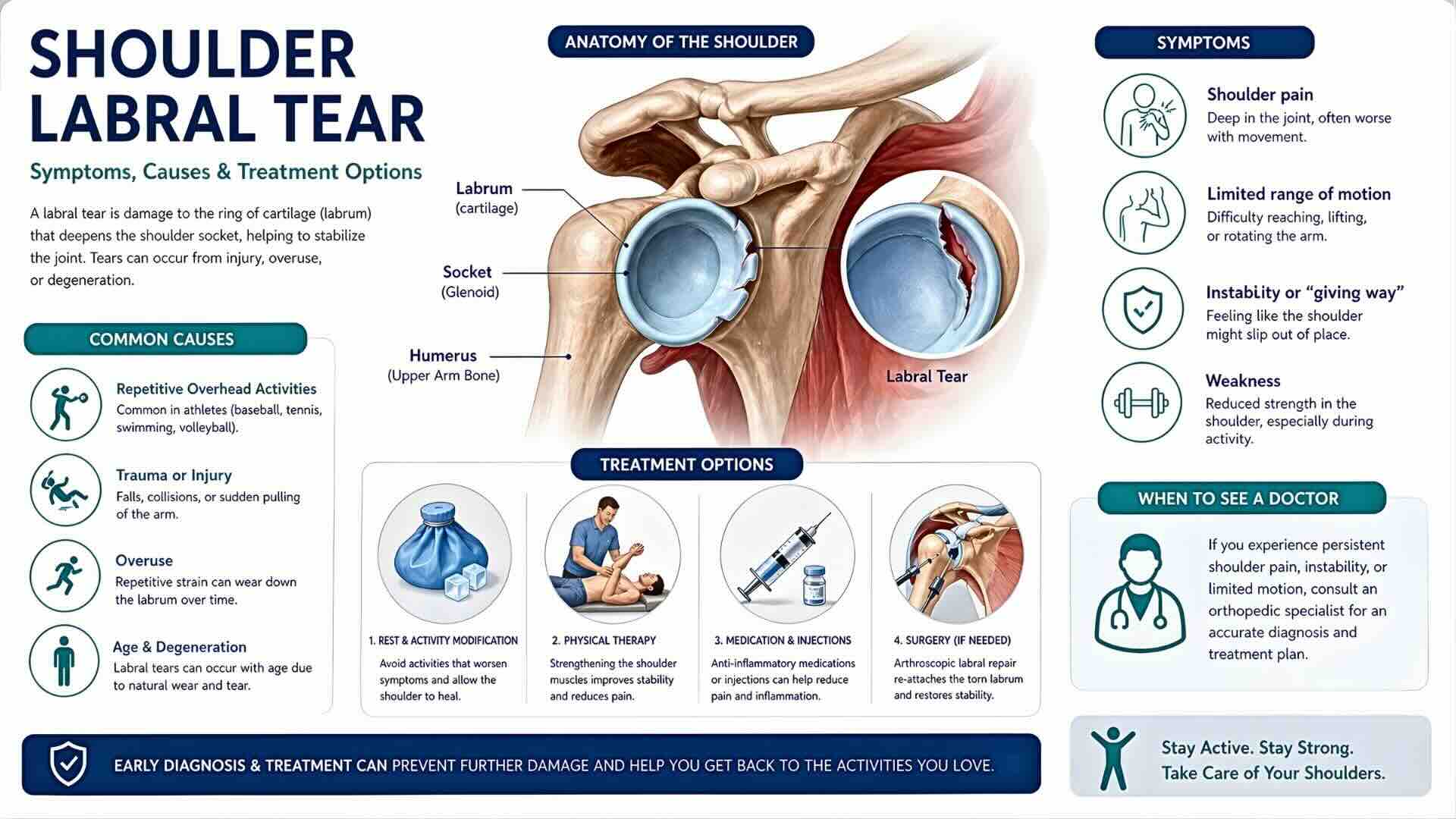 Shoulder labral tear diagram showing anatomy, symptoms, causes, and treatment options