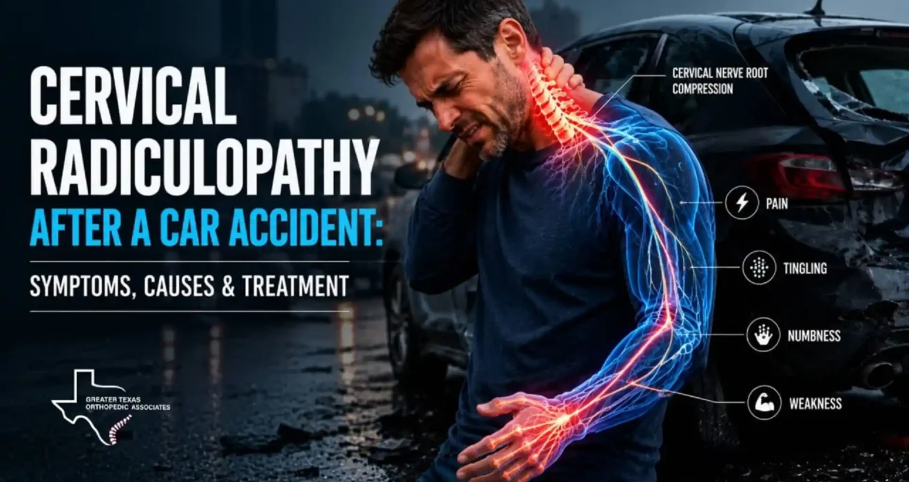 Cervical radiculopathy after a car accident causing neck pain, arm tingling, numbness, and weakness