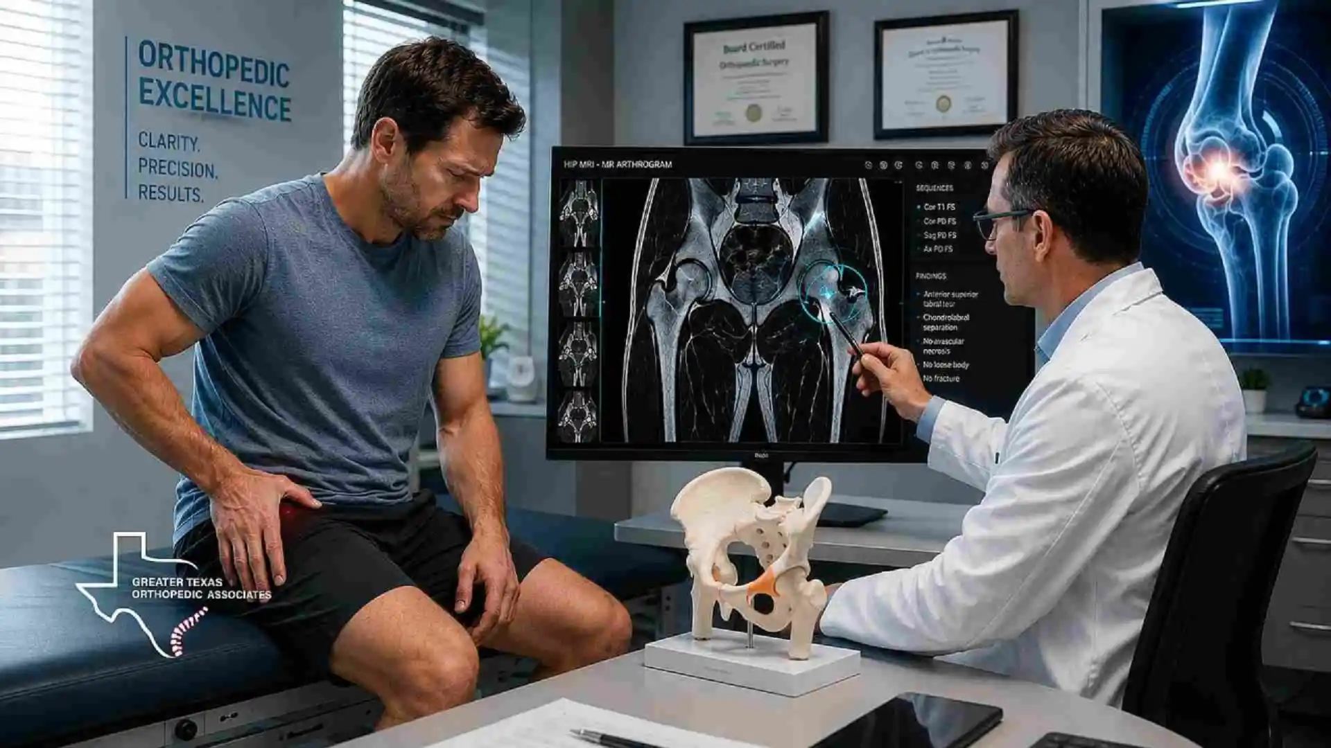 Orthopedic specialist reviewing hip MRI with a patient during hip labral tear diagnosis