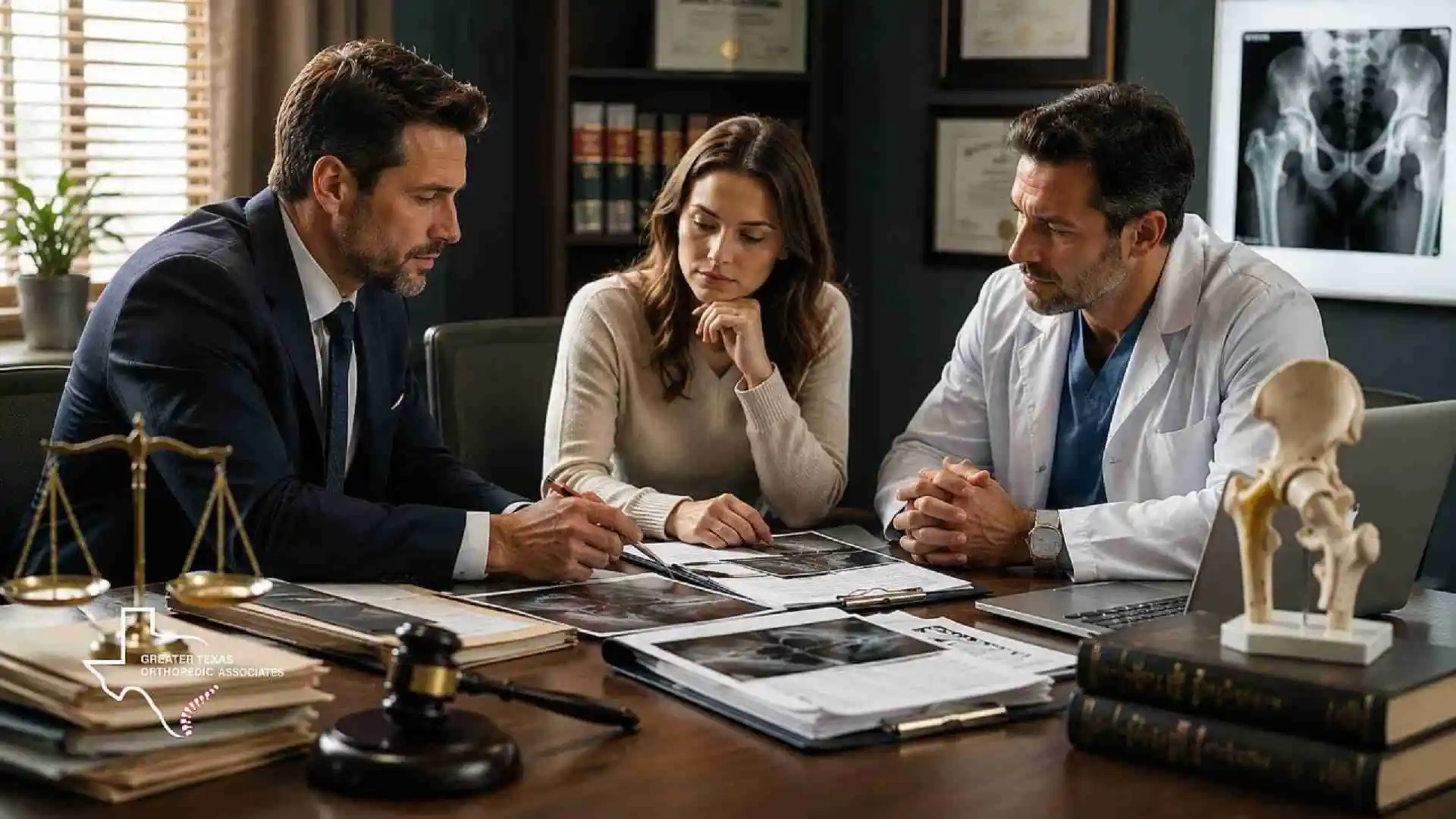 Orthopedic doctor reviewing hip imaging with a patient and attorney for a hip labral tear injury case