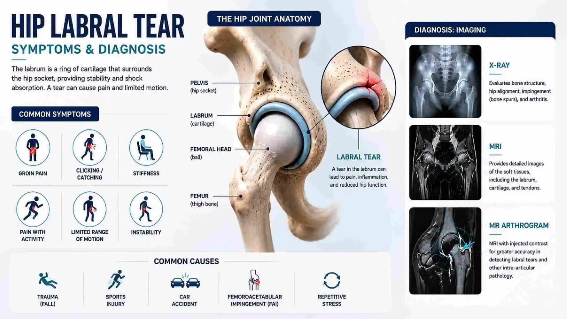 Hip labral tear symptoms and diagnosis infographic showing groin pain, clicking, stiffness, X-ray, MRI, and MR arthrogram