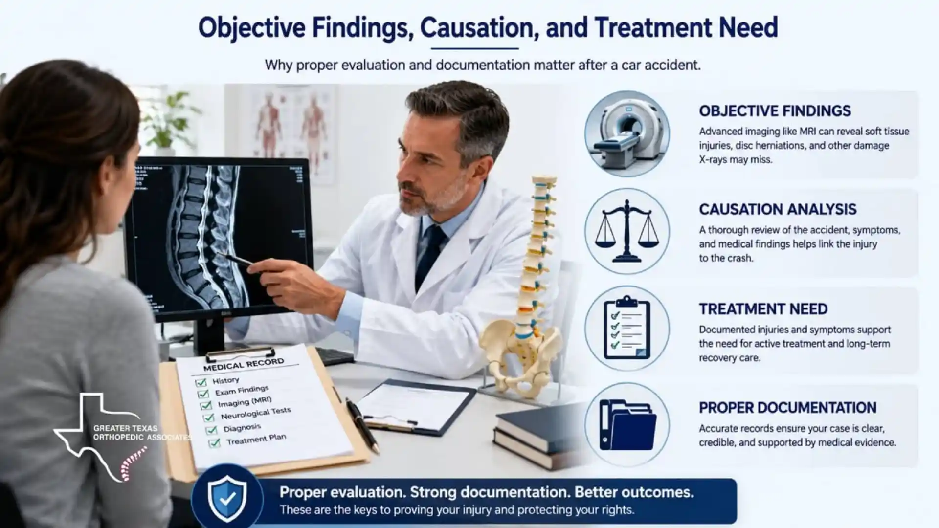 Orthopedic doctor explaining objective findings causation and treatment need after a car accident