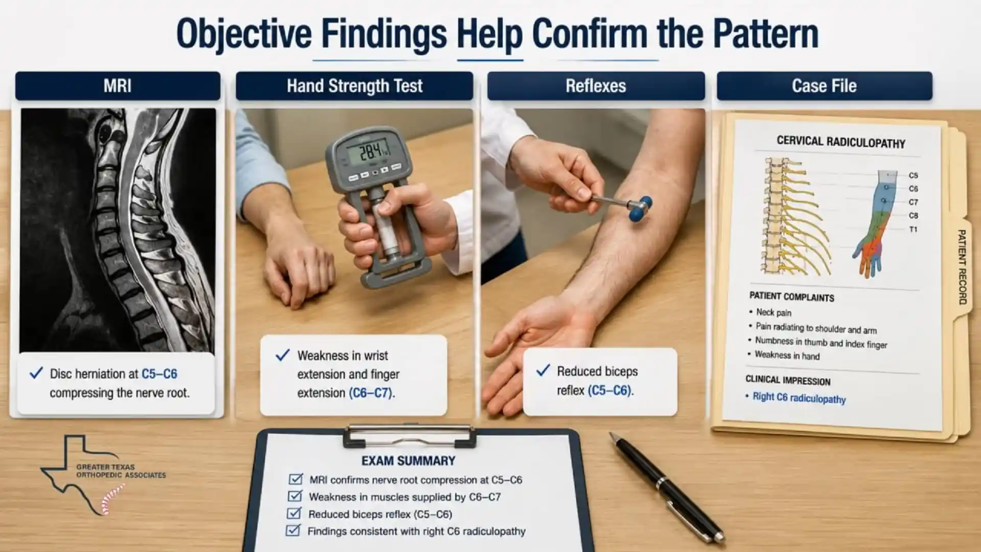 Objective findings for cervical radiculopathy diagnosis including MRI, hand strength testing, reflexes, and case documentation