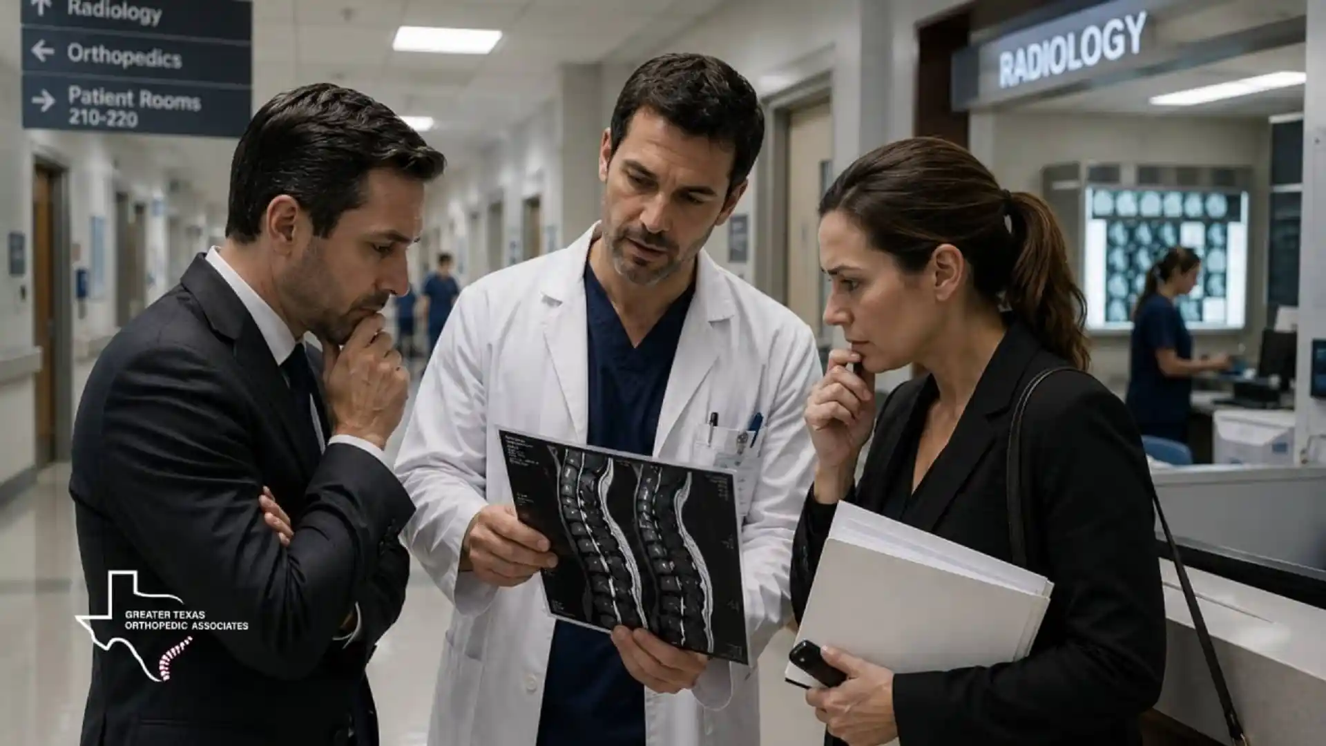 Orthopedic doctor reviewing cervical spine MRI with legal team after a car accident injury