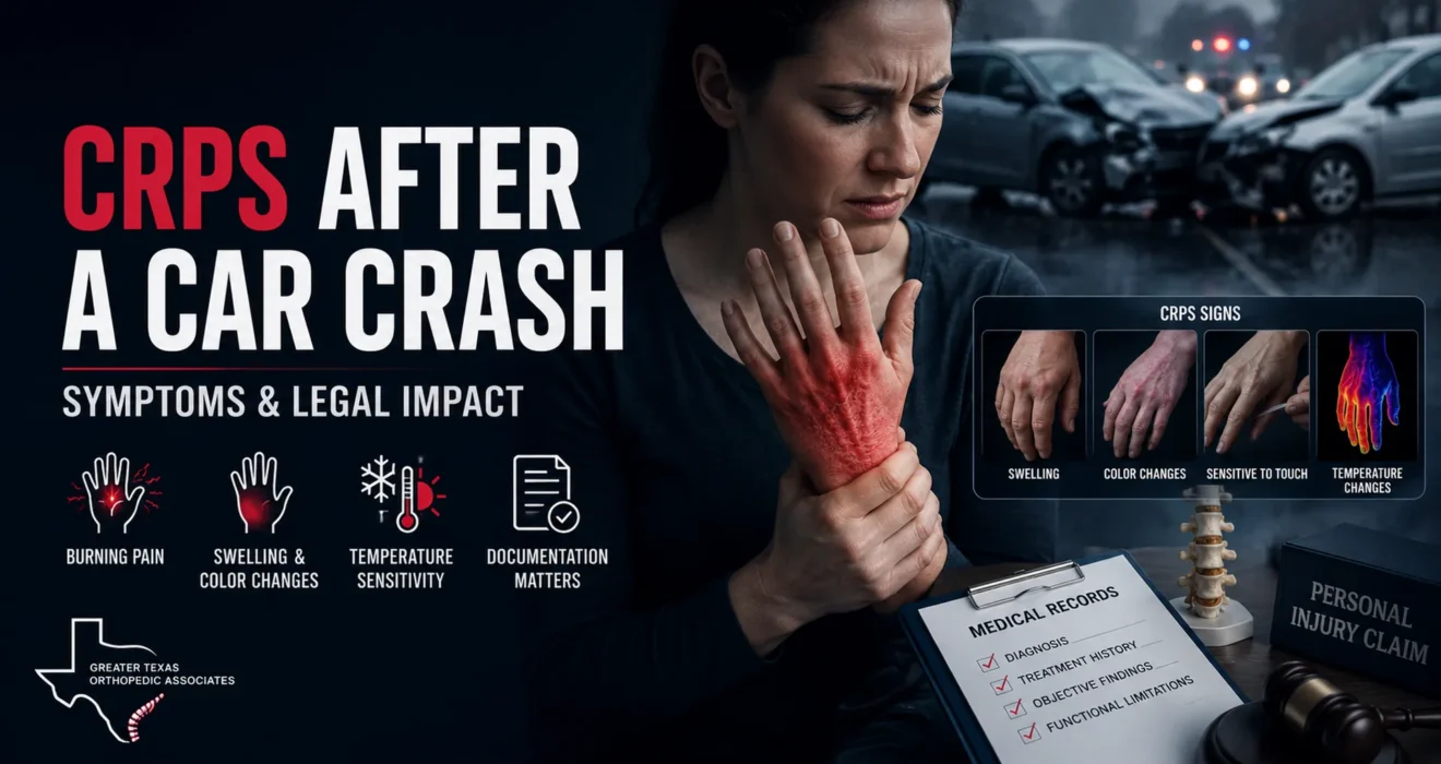 CRPS after car accident symptoms including burning pain swelling and color changes