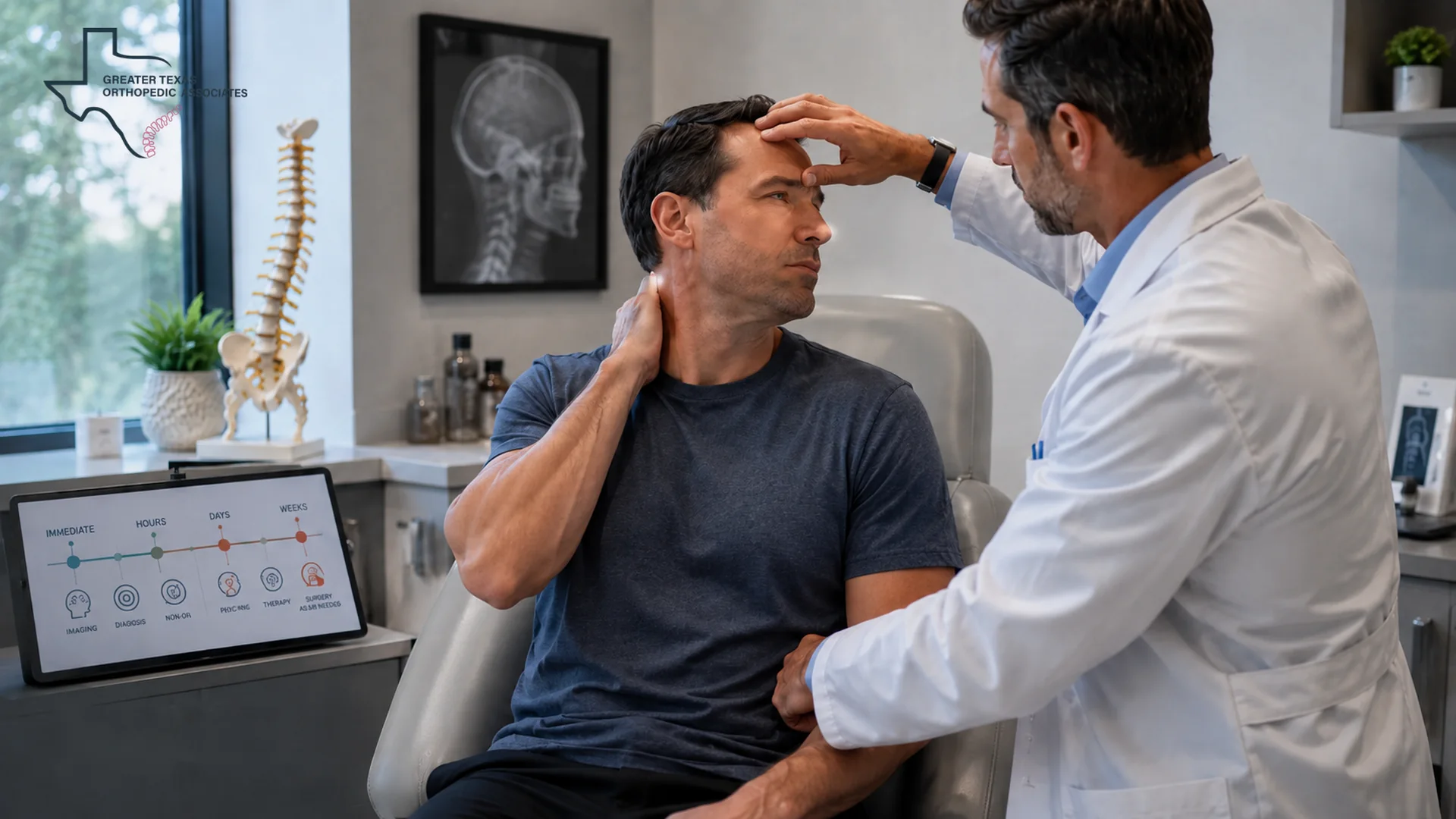 Doctor performing a clinical neck and head evaluation on a patient at Greater Texas Orthopedic Associates