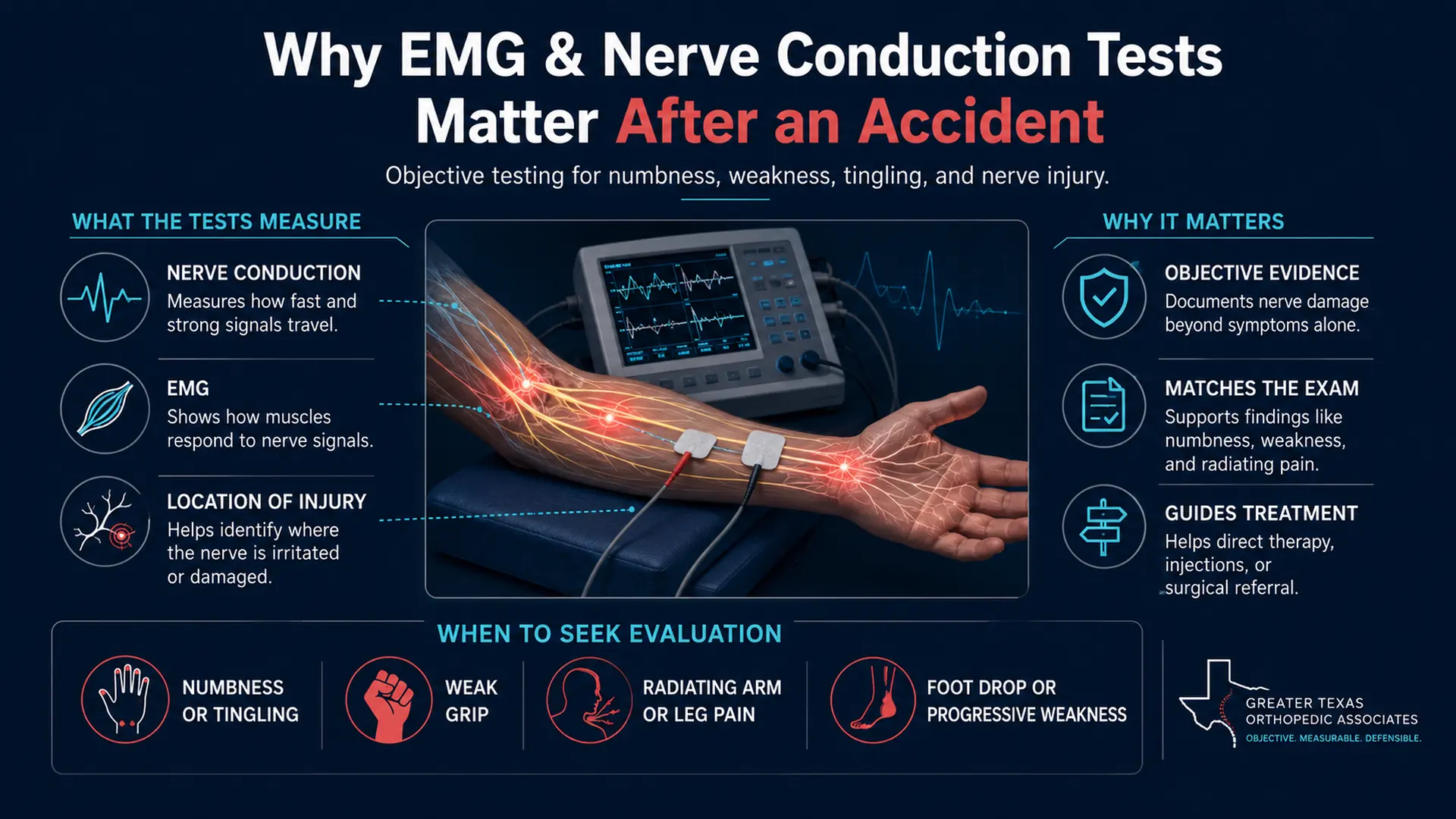 Infographic explaining EMG and nerve conduction testing after an accident