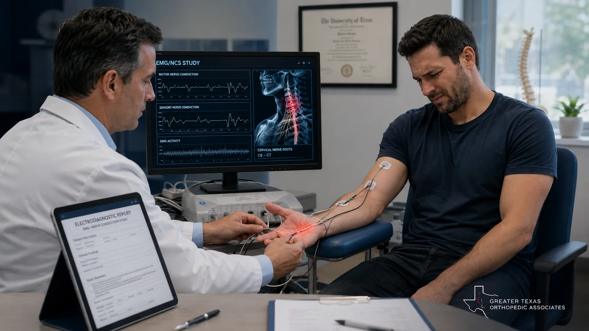 Doctor performing EMG and nerve conduction testing after an accident