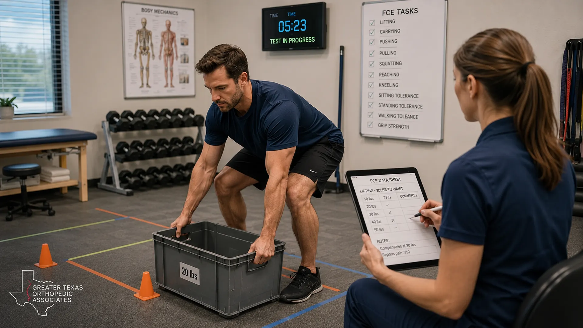 Physical therapist conducting a functional capacity evaluation test with a patient lifting weight