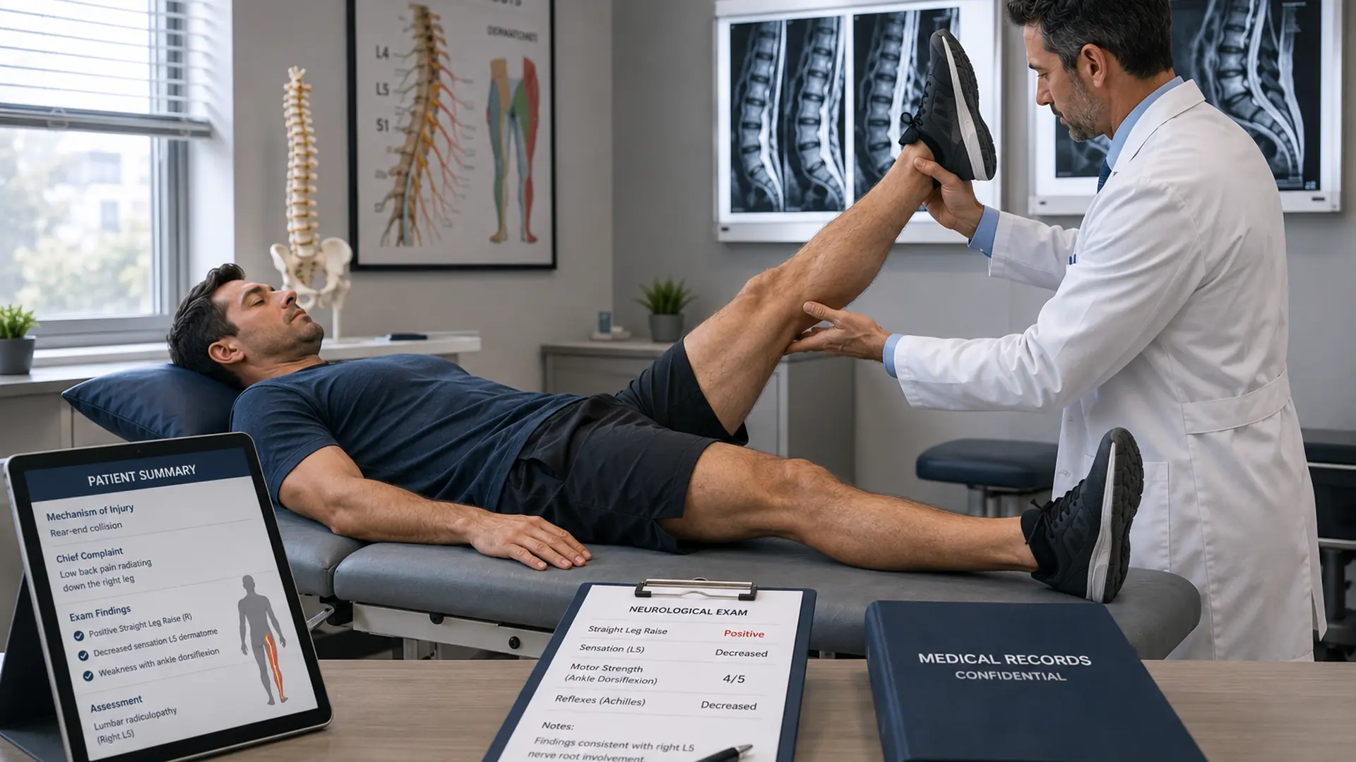 Orthopedic evaluation for lumbar radiculopathy with straight leg raise test and medical documentation