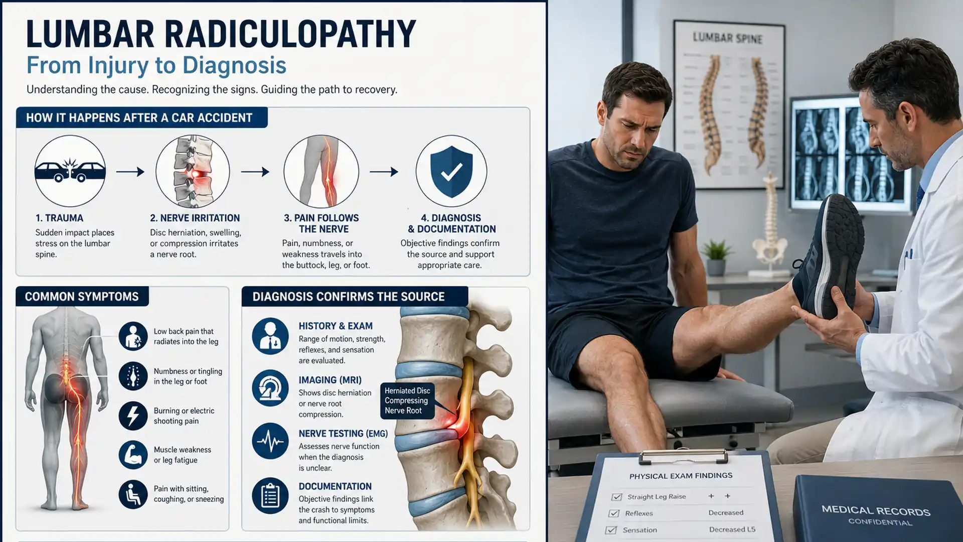 Lumbar radiculopathy symptoms and diagnosis after a car accident infographic