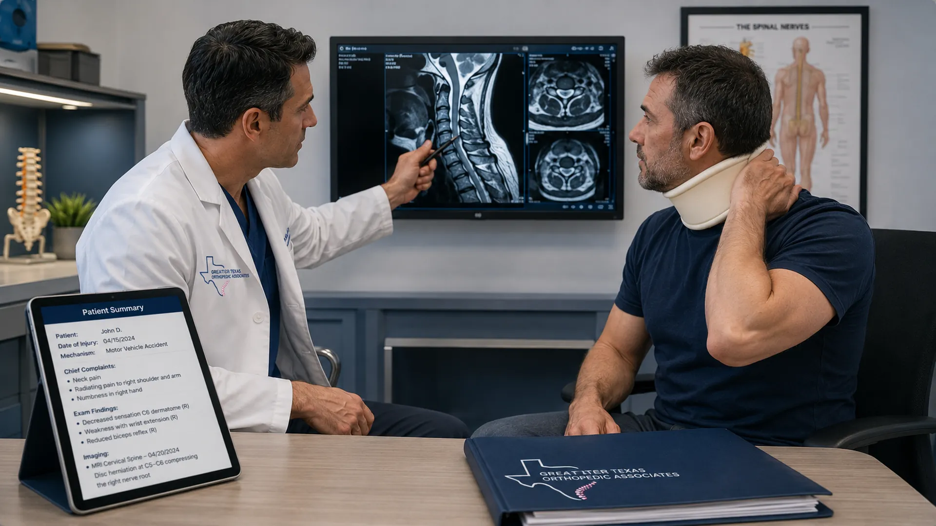 Orthopedic doctor reviewing cervical MRI findings with a patient after a car accident