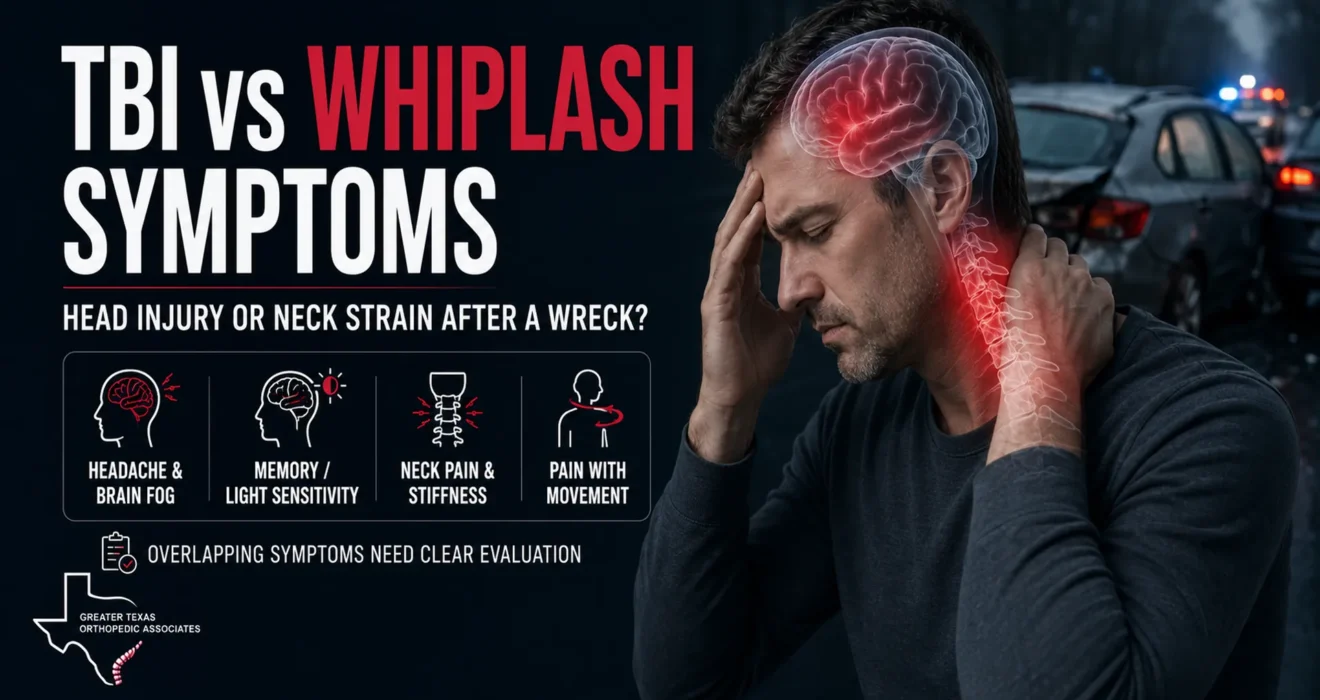 TBI vs whiplash symptoms diagram showing head injury and neck strain after a car accident