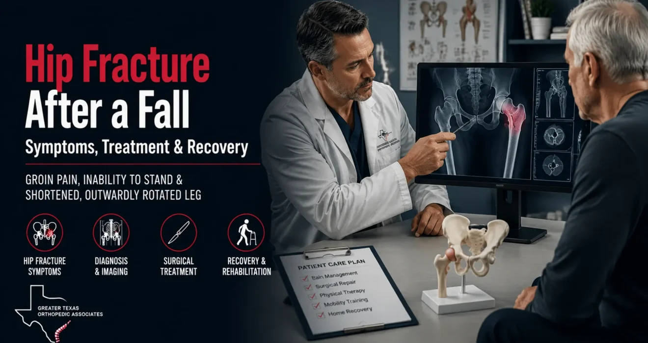 Doctor discussing a hip fracture after a fall with an older patient