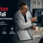 Doctor discussing a hip fracture after a fall with an older patient