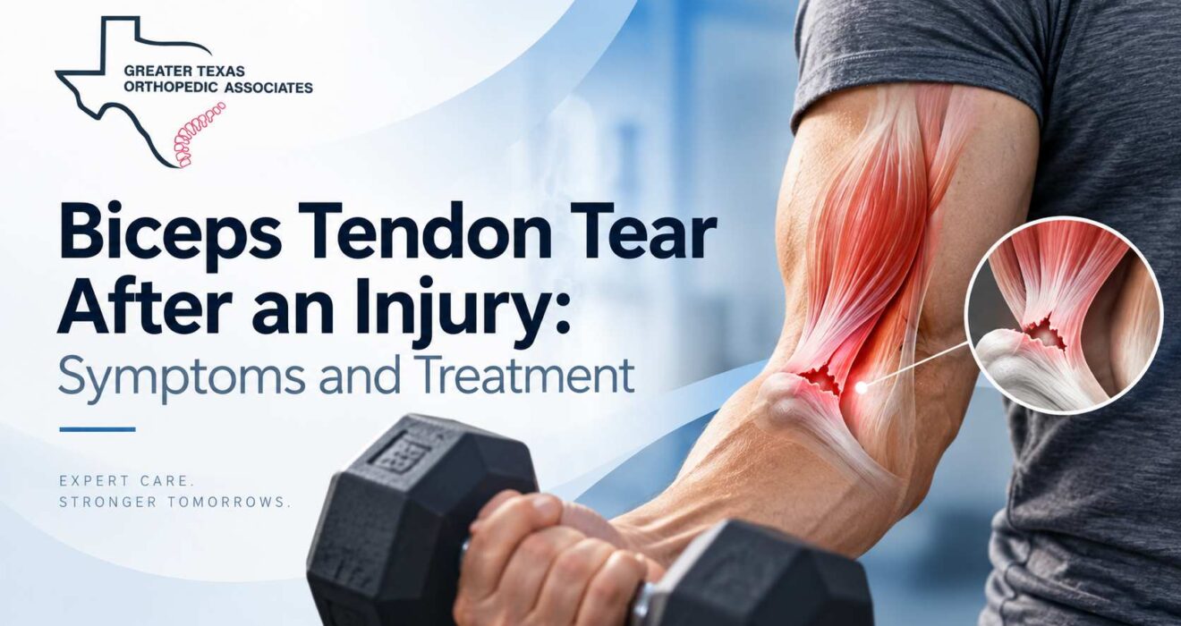 Biceps tendon tear after injury affecting the arm near the elbow