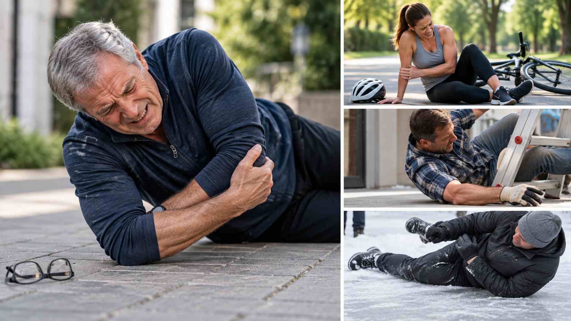Examples of falls that can cause elbow injuries, including sidewalk, bicycle, ladder, and ice falls.