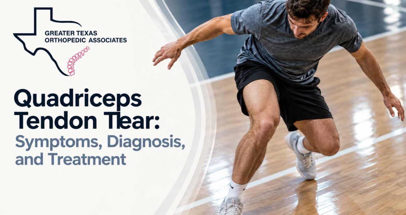Athlete with a knee injury illustrating quadriceps tendon tear symptoms, diagnosis, and treatment.