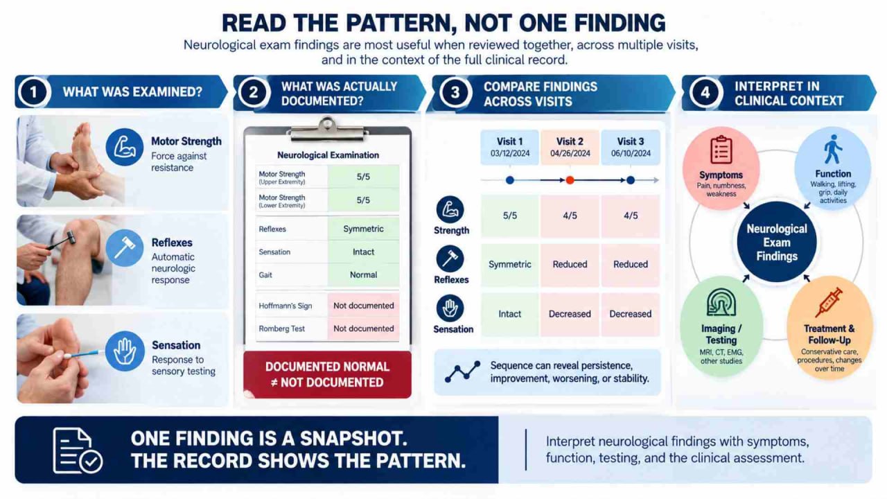 Infographic showing how strength, reflex, and sensory findings should be compared across medical visits and interpreted in clinical context.